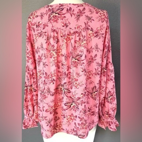 Loft Floral Ruffle Tie Neck Top Blossom Blouse Pink Floral Career and Casual - Picture 5 of 11